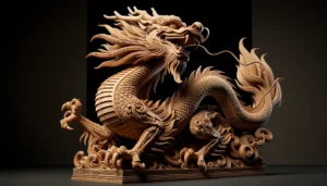 Sculpture détaillée d'un dragon chinois en bois.
