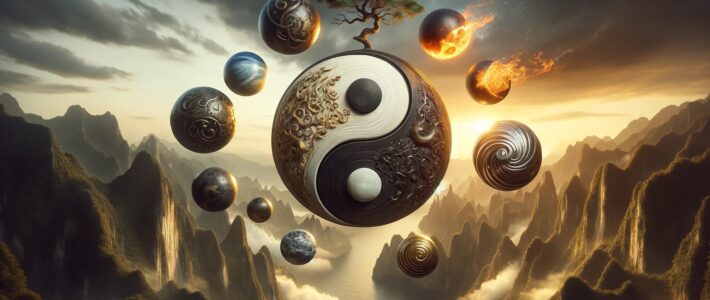 Dall·e 2024 02 20 17.22.04 Craft A Wide, High Definition 16 9 Image That Creatively Depicts The Essence Of Yin And Yang, Central To Taoist Beliefs. At The Heart Of The Image Is