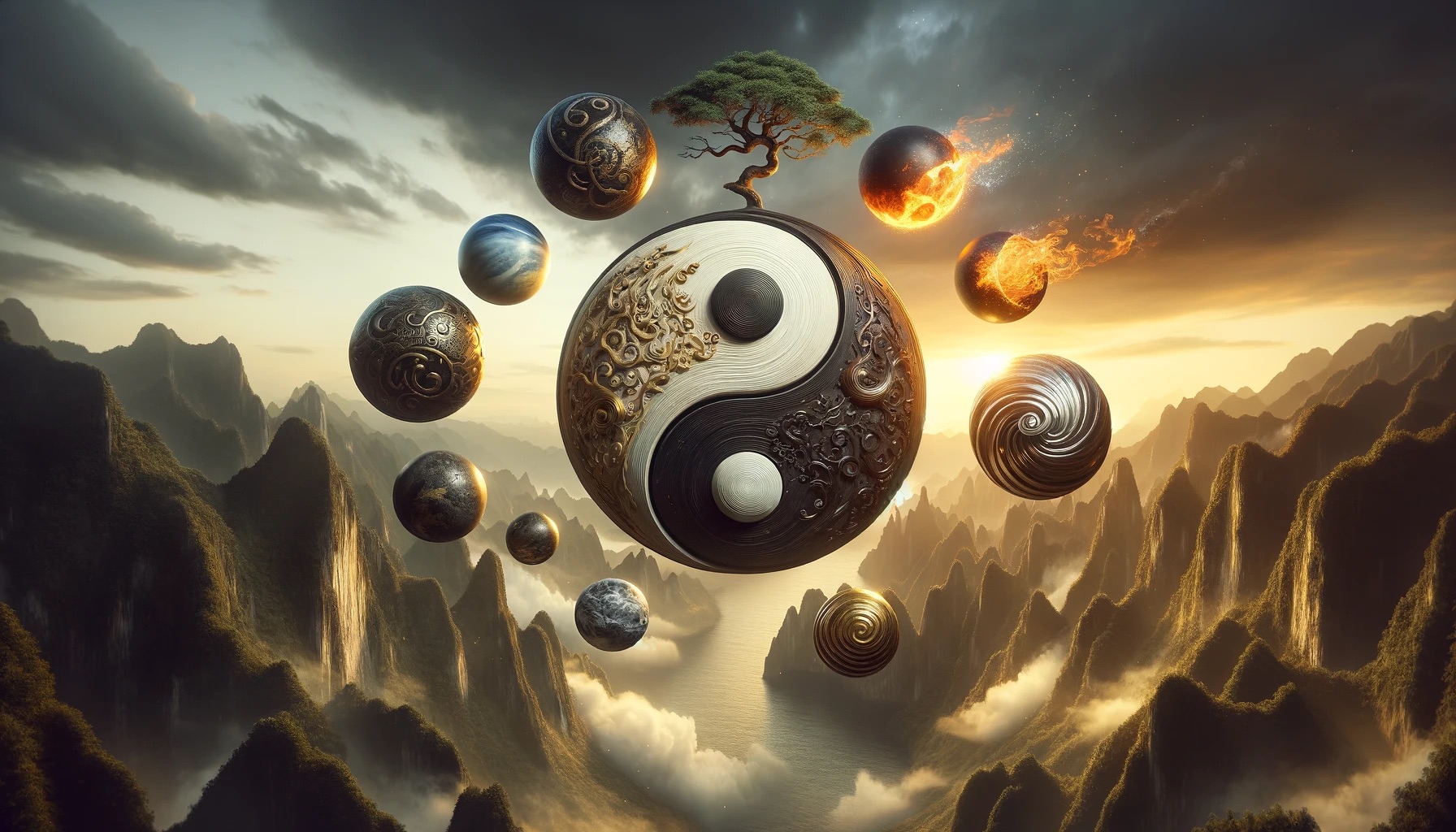 Dall·e 2024 02 20 17.22.04 Craft A Wide, High Definition 16 9 Image That Creatively Depicts The Essence Of Yin And Yang, Central To Taoist Beliefs. At The Heart Of The Image Is