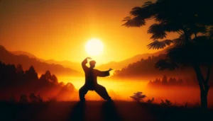 A Silhouette Of A Person Practicing Tai Chi Outdoors At Sunrise.