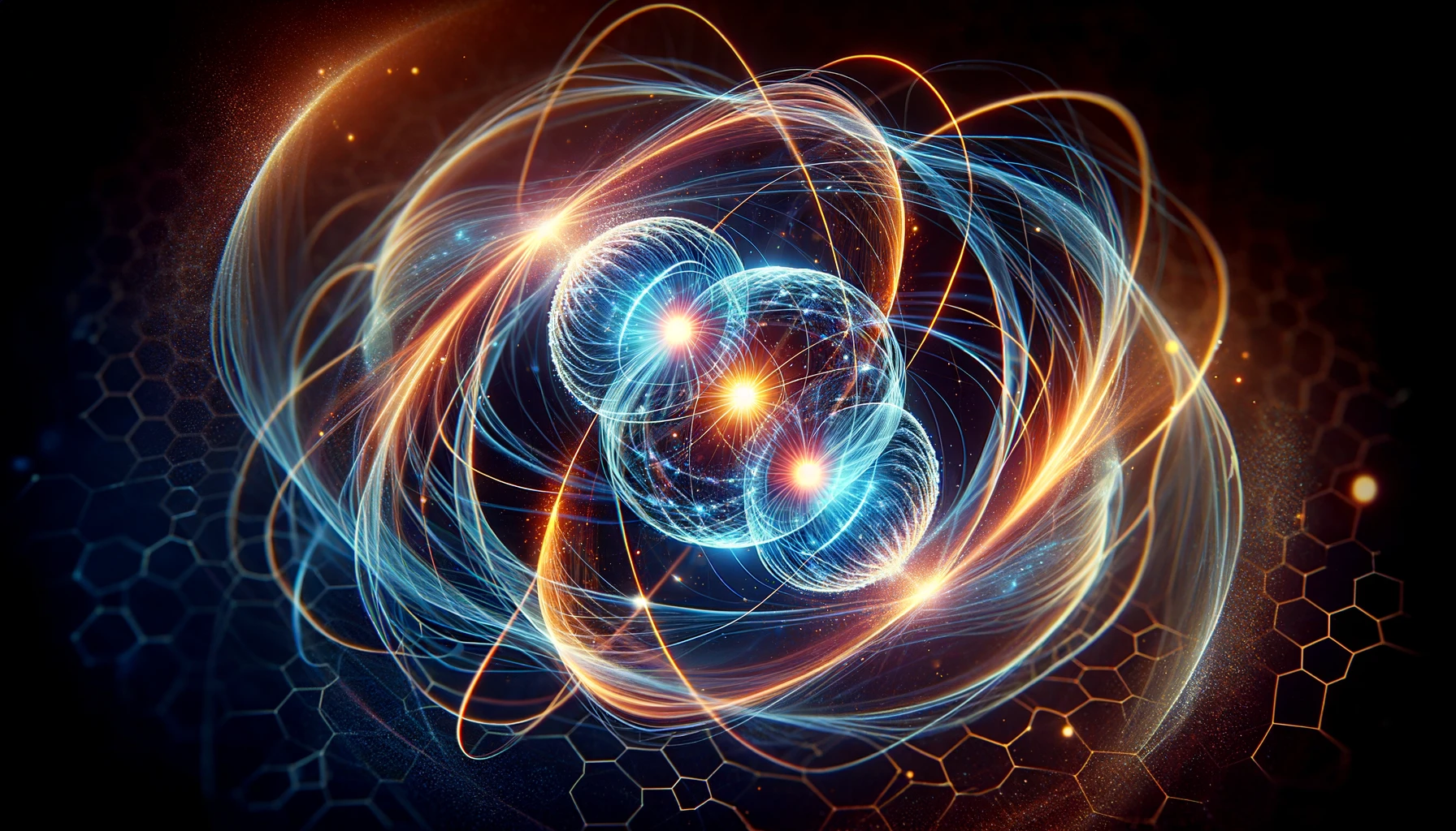 Dall·e 2024 03 09 12.58.41 Create An Abstract Image Featuring Two Luminous Energy Orbs Entwined With Glowing Rings, Resembling A Scientific Illustration Of Quantum Entanglement