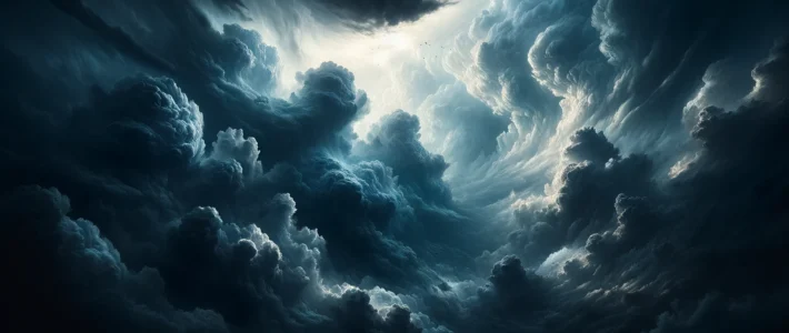 Dall·e 2024 03 09 13.00.56 Create An Image Of A Dramatic Sky Filled With Heavy, Voluminous Clouds, Shades Of Dark Blue And Grey Dominating The Palette. The Clouds Are Dense And