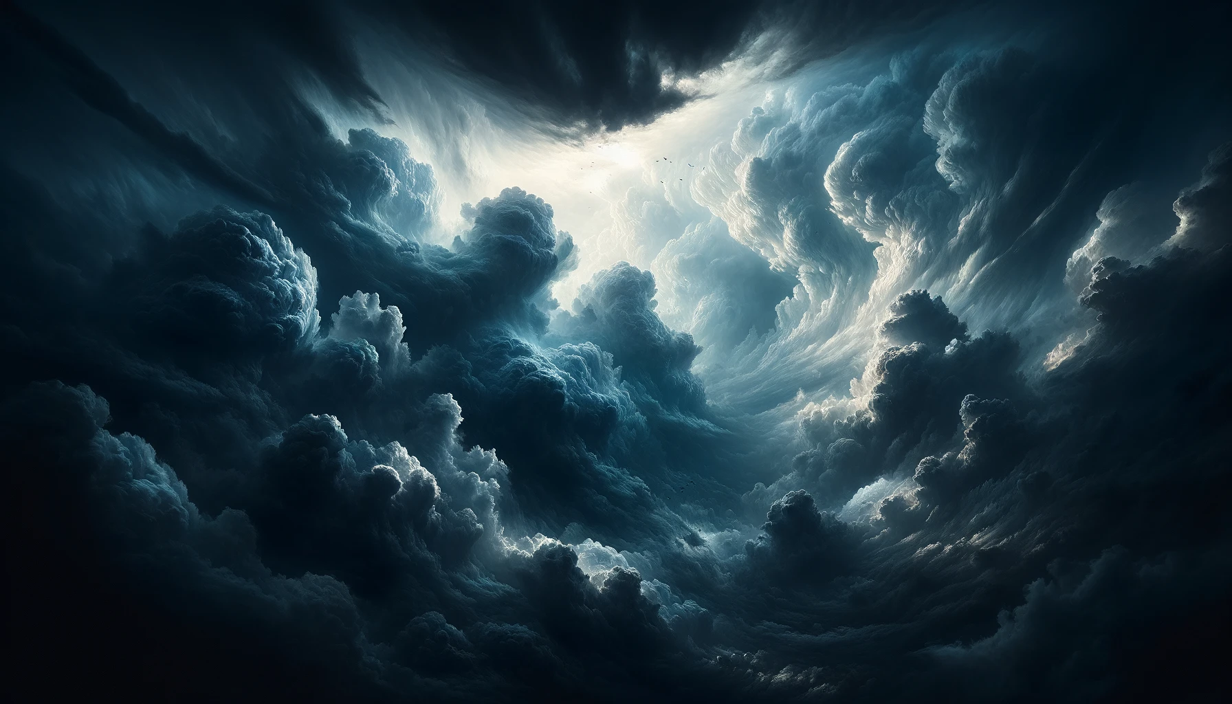 Dall·e 2024 03 09 13.00.56 Create An Image Of A Dramatic Sky Filled With Heavy, Voluminous Clouds, Shades Of Dark Blue And Grey Dominating The Palette. The Clouds Are Dense And