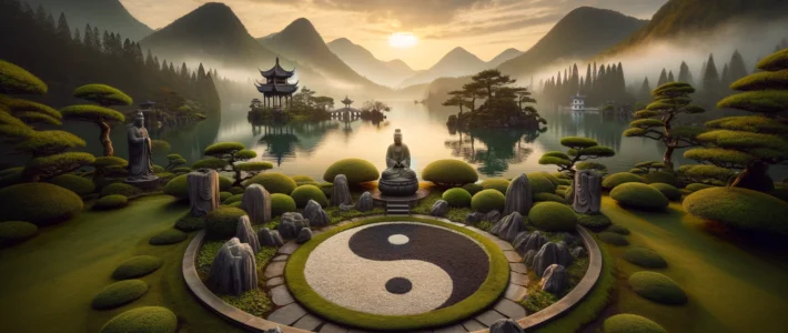 Dall·e 2024 03 26 10.18.42 A Serene Landscape With Elements Of Taoism, Showing A Foreground With A Large Yin Yang Symbol Embedded Into A Round Classical Garden Pattern. The Gard