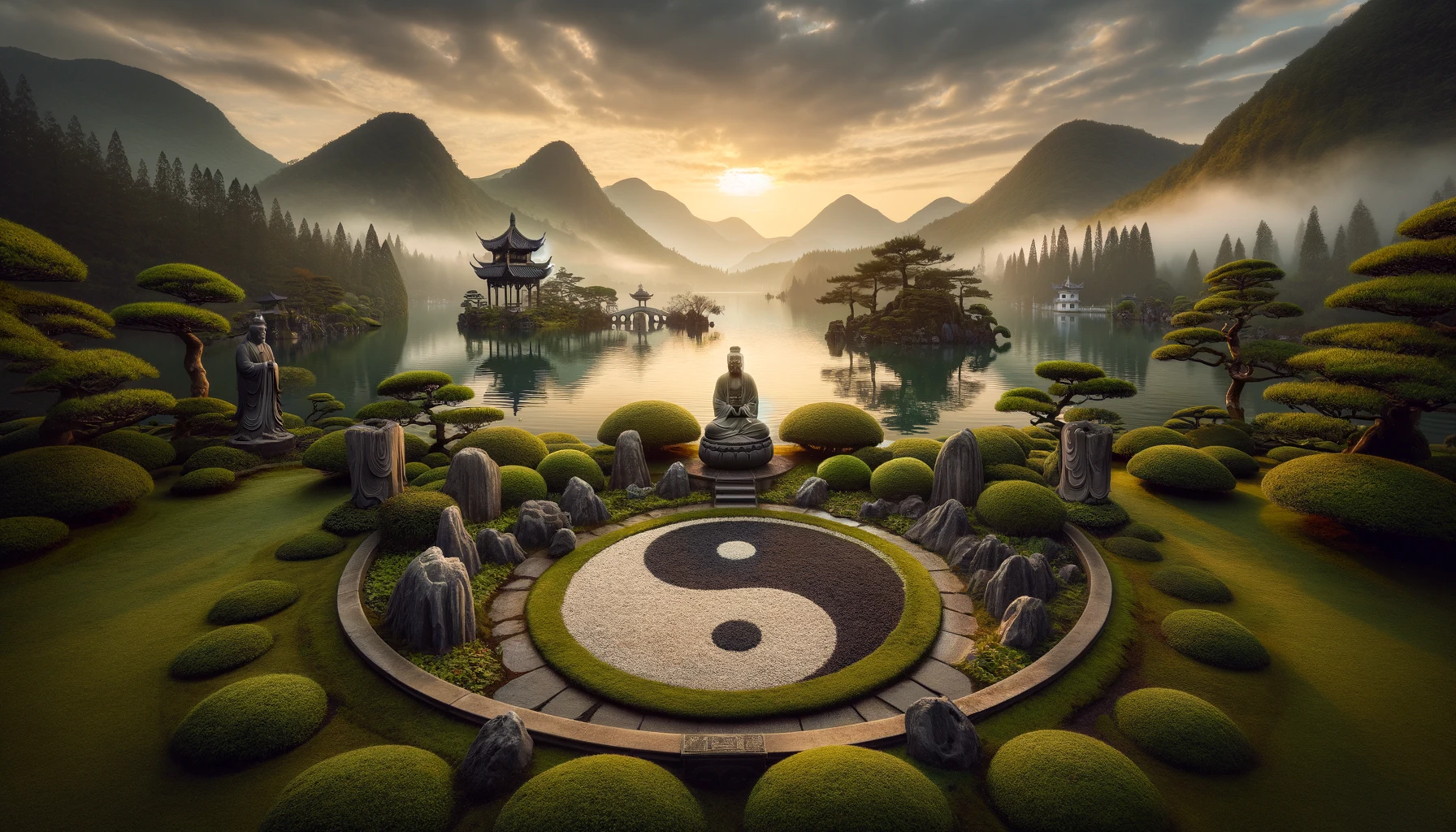 Dall·e 2024 03 26 10.18.42 A Serene Landscape With Elements Of Taoism, Showing A Foreground With A Large Yin Yang Symbol Embedded Into A Round Classical Garden Pattern. The Gard