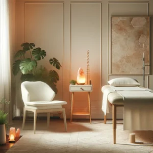 Dall·e 2024 04 10 17.20.57 Imagine A Serene Acupuncture Therapy Room Designed To Maximize Relaxation And Well Being. The Interior Features A Clean, Harmonious Design With Walls
