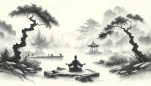 Dall·e 2024 04 23 10.27.41 An Ink Wash Painting In Traditional Chinese Style, Depicting A Person Meditating In A Serene Garden. The Figure Should Be In A Qi Gong Meditation Pose