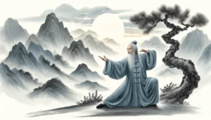 Dall·e 2024 04 25 15.04.35 In The Style Of Traditional Chinese Ink Wash Painting, Depict An Elderly Asian Woman With Flowing White Hair Practicing A Qi Gong Pose With Her Hands