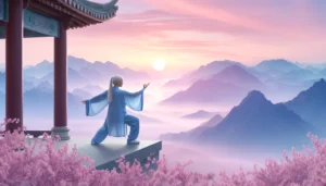Dall·e 2024 04 25 15.08.39 In A Wide Format, Create An Image Of An Elderly Asian Woman With Long White Hair, In A Pastel Blue Tai Chi Robe, Performing A Qi Gong Stance On A Moun